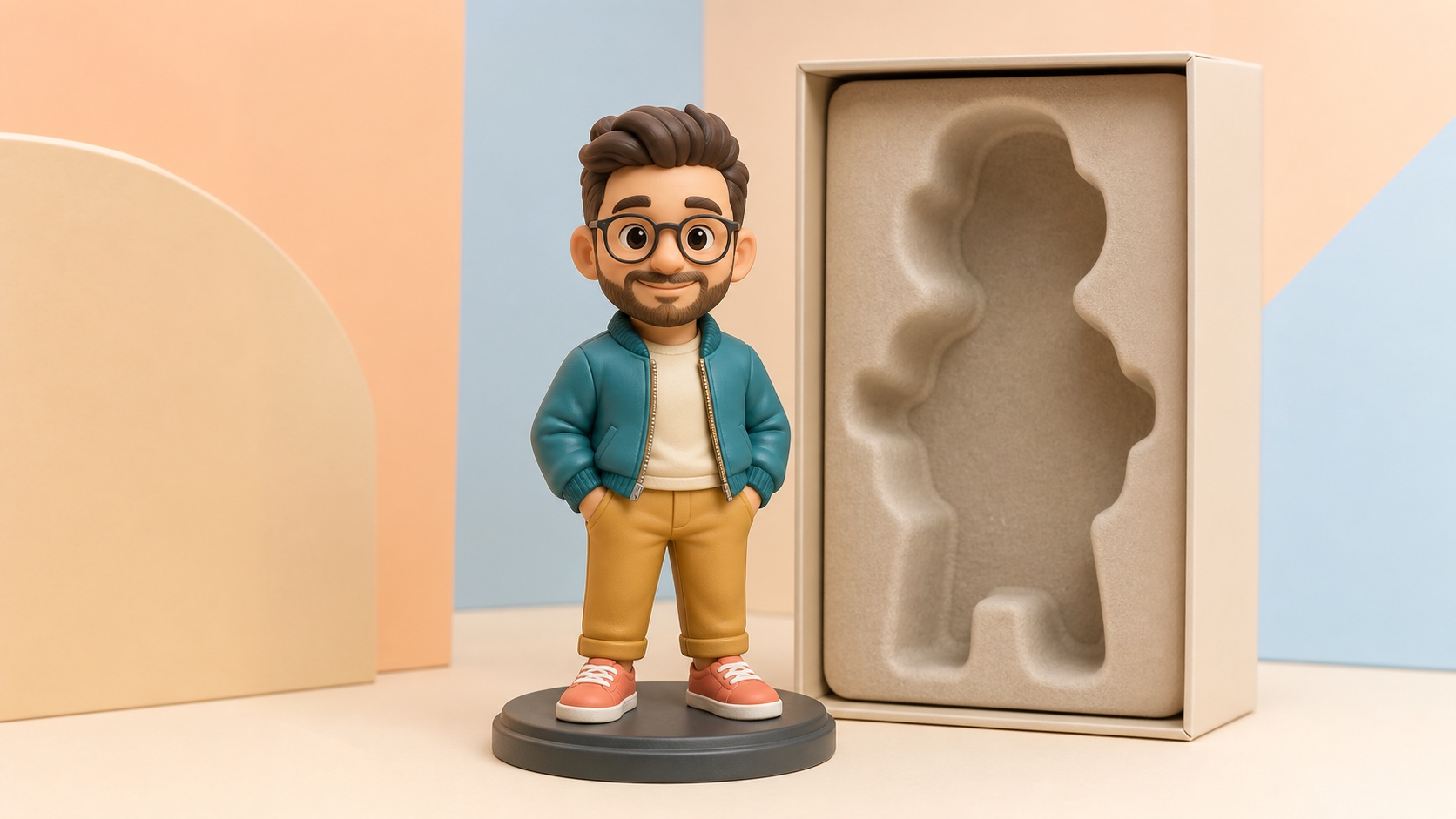 Eine handgroße 3D-Vinyl-Sammelfigur auf Sockel neben leerer Verpackung