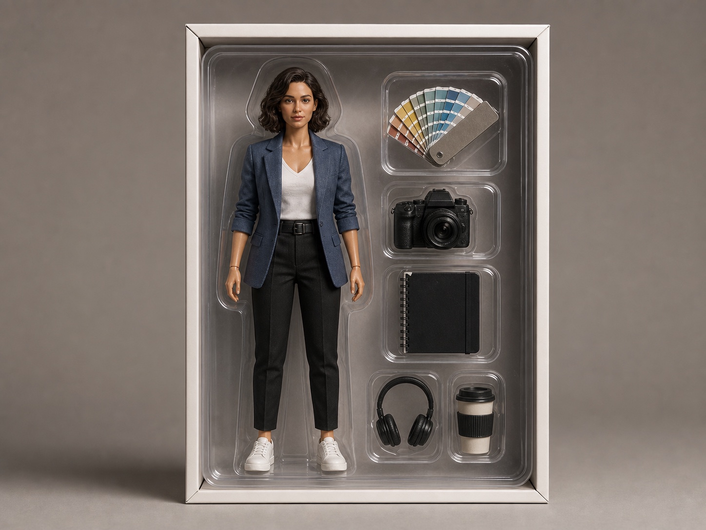 Eine verpackte Creative-Director-Actionfigur mit Kamera, Skizzenbuch, Kopfhörern, Farbmuster und Becher