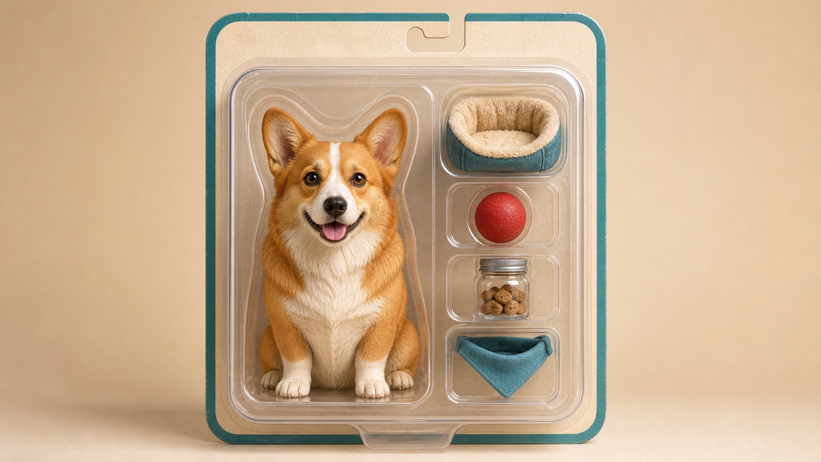 Eine Corgi-Sammelfigur mit Hundebett, Ball, Leckerli-Glas und Halstuch