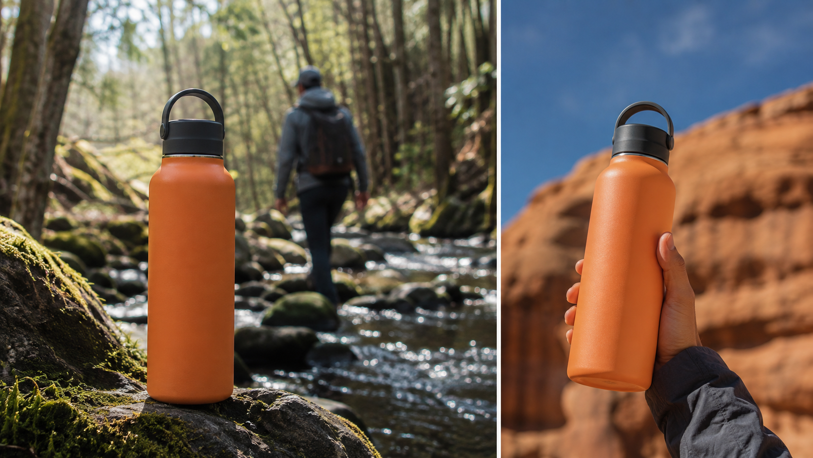 Deux compositions de campagne générées mettant en scène la même bouteille d’eau orange