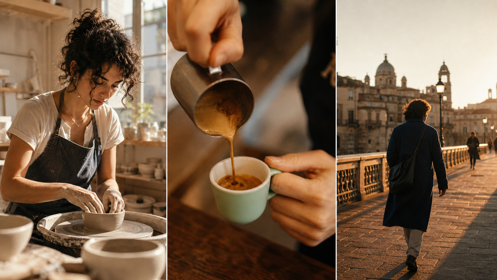 Trois exemples générés indépendants montrant un artisan, un versement d’espresso et une promenade urbaine