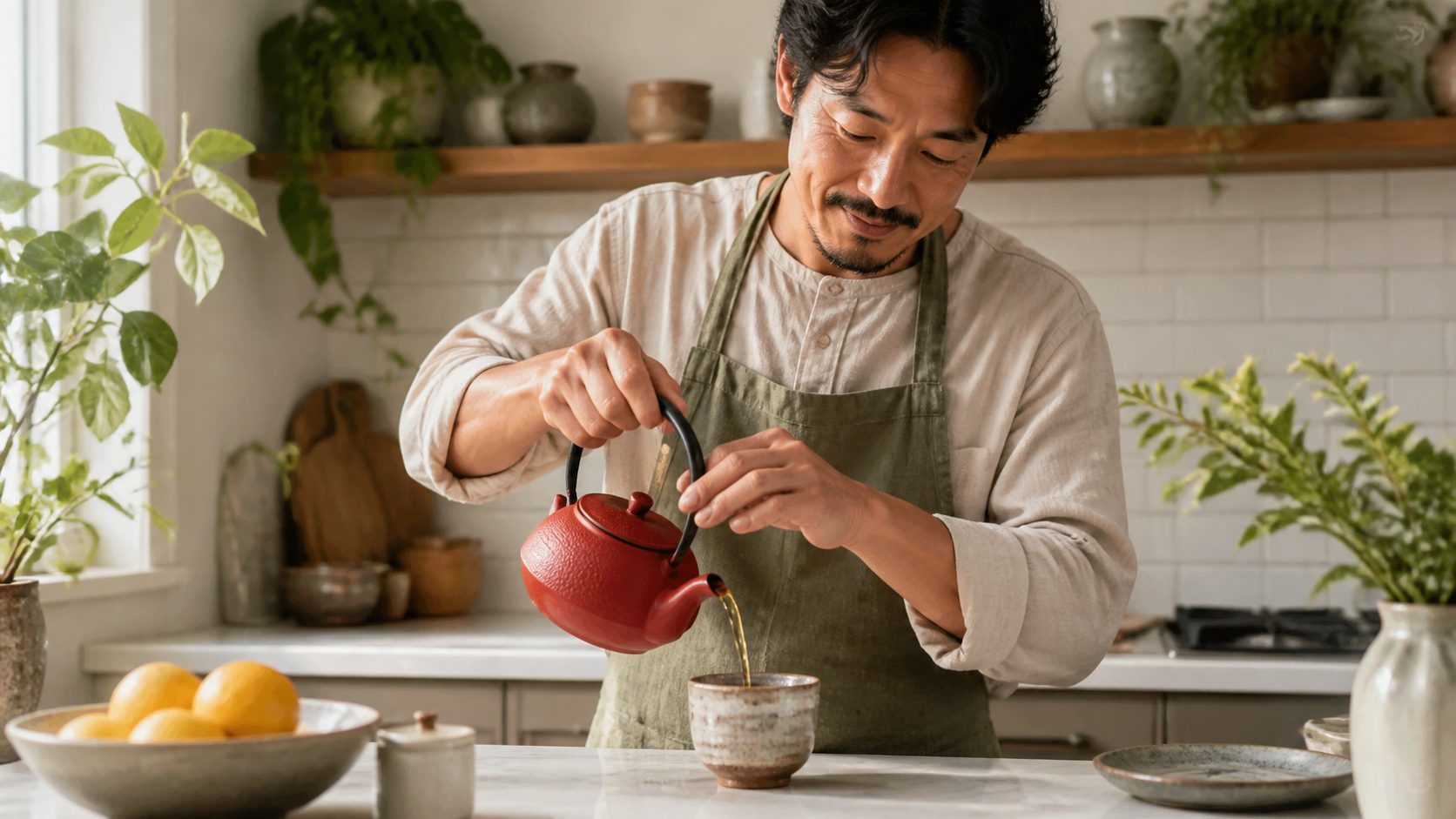 Escena de cocina generada que muestra el rostro, las manos, la tetera roja, el chorro de té y la taza dentro de la composición central