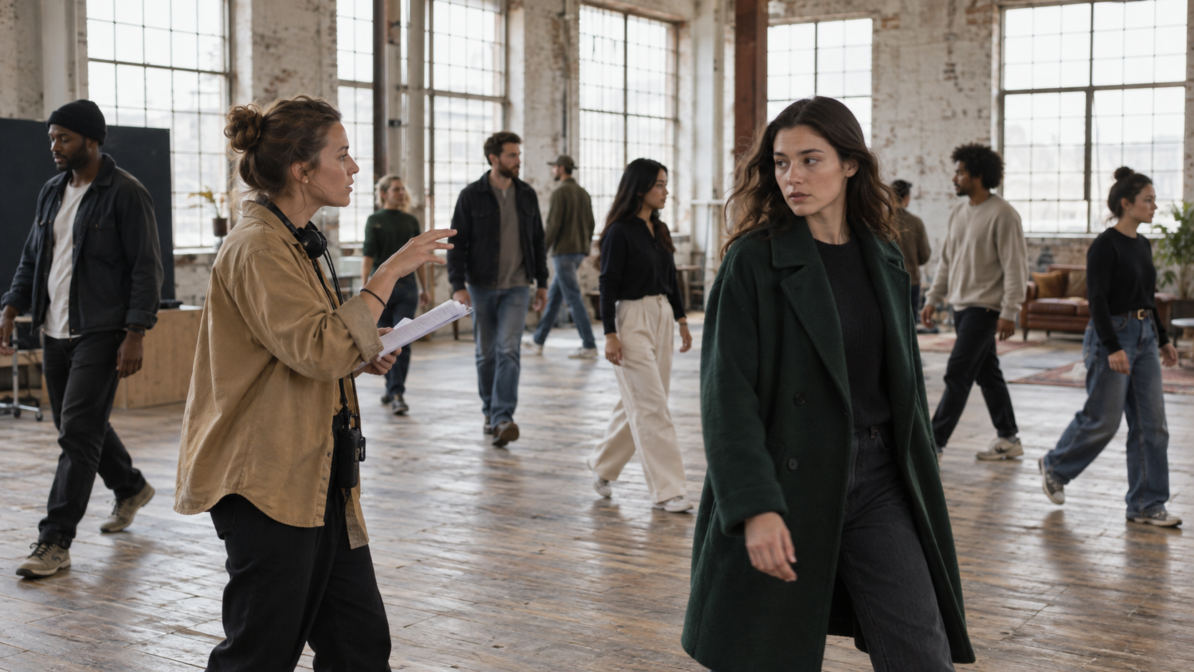 Um ensaio cinematográfico separa o personagem principal, o diretor e os atores de fundo em camadas de profundidade legíveis