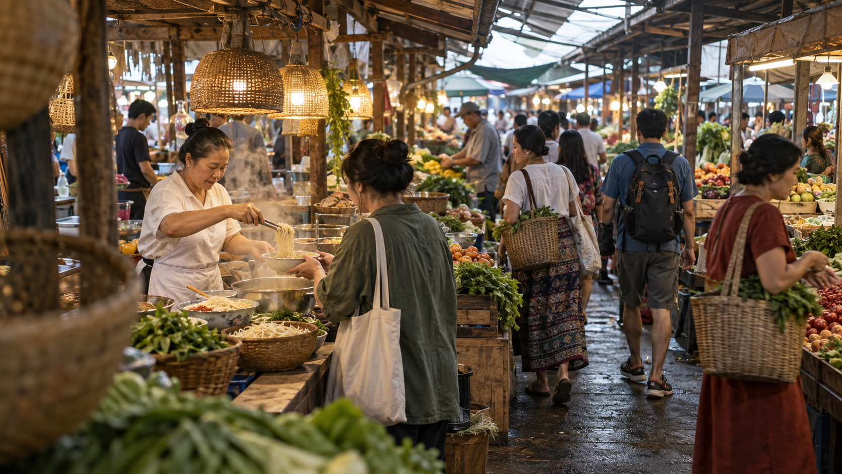 Um movimentado mercado de alimentos oferece muitas camadas de profundidade sem transformar cada cliente em um personagem em destaque