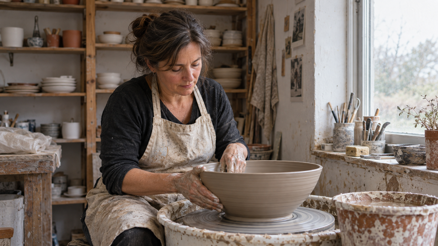 A ceramic artist shaping a large bowl in neutral studio daylight, used as a low-risk baseline scene