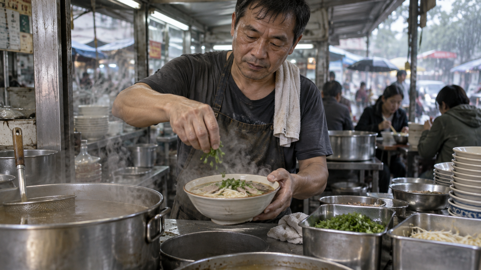 A market cook plating noodles under mixed natural and practical light, used to inspect fine delivery detail