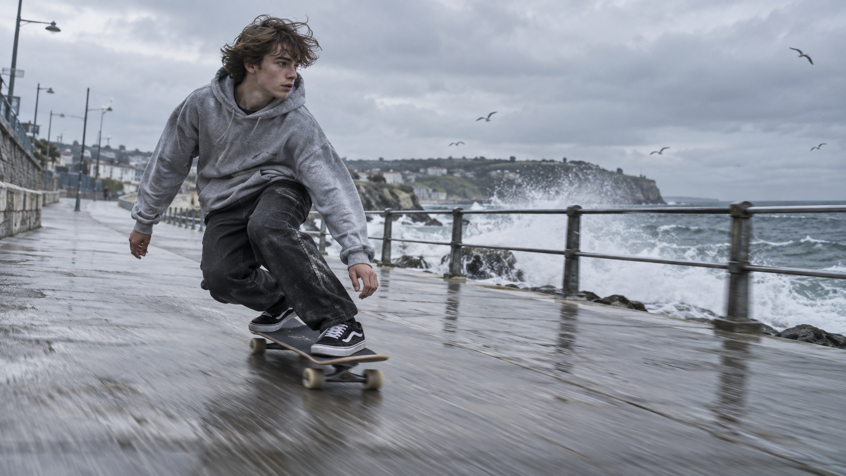 A skateboarder moving along a wet overcast seafront, used to stress motion and edge detail without increasing test duration