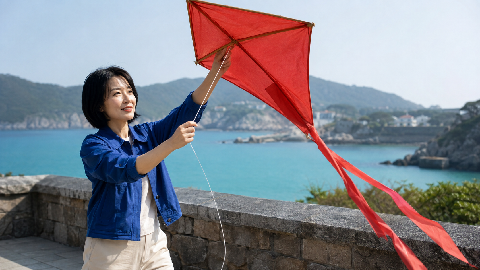 Generated coastal scene showing a woman lifting a red silk kite