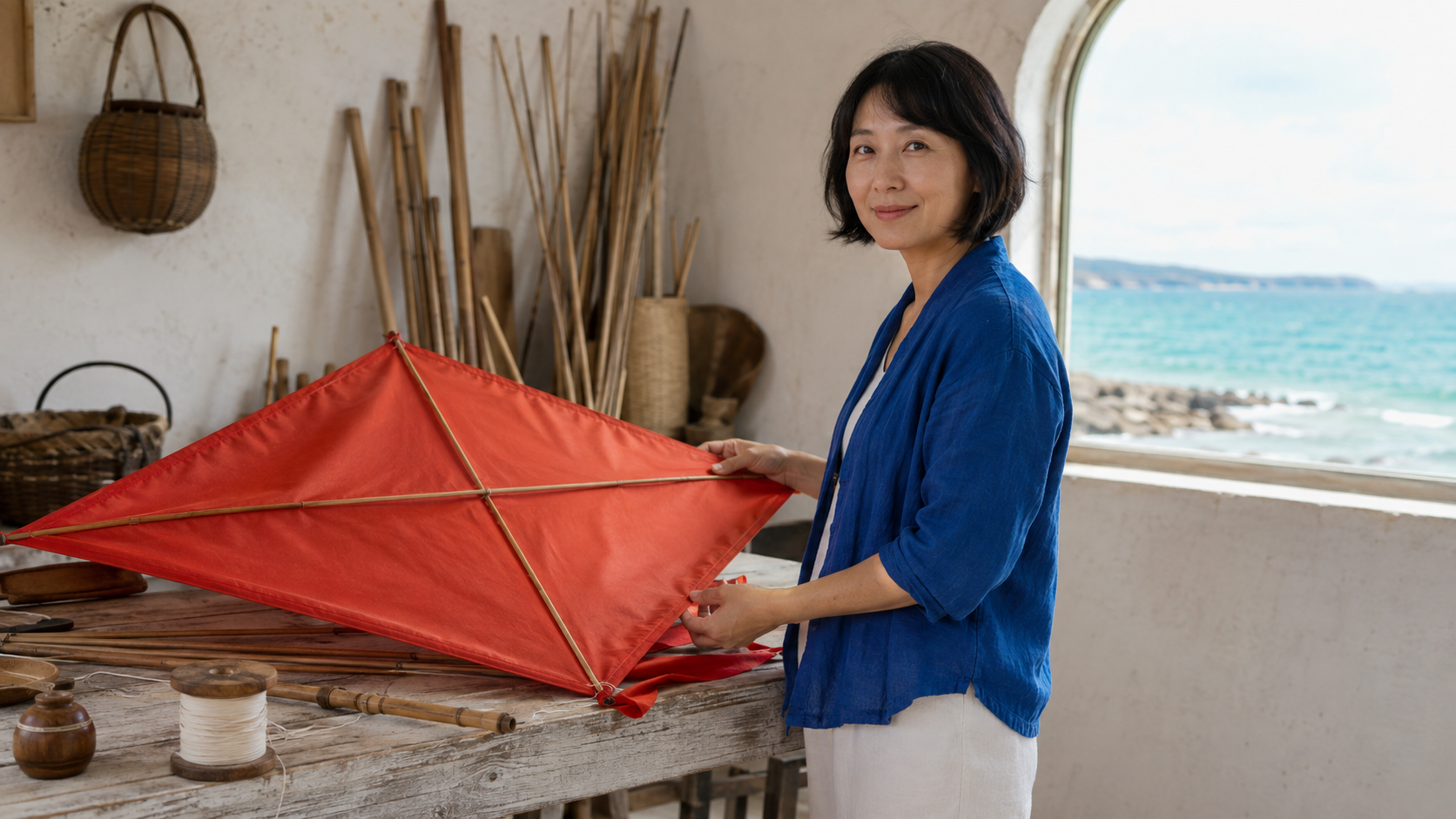 Generated editorial reference of a kite maker beside a red kite in a bright coastal workshop