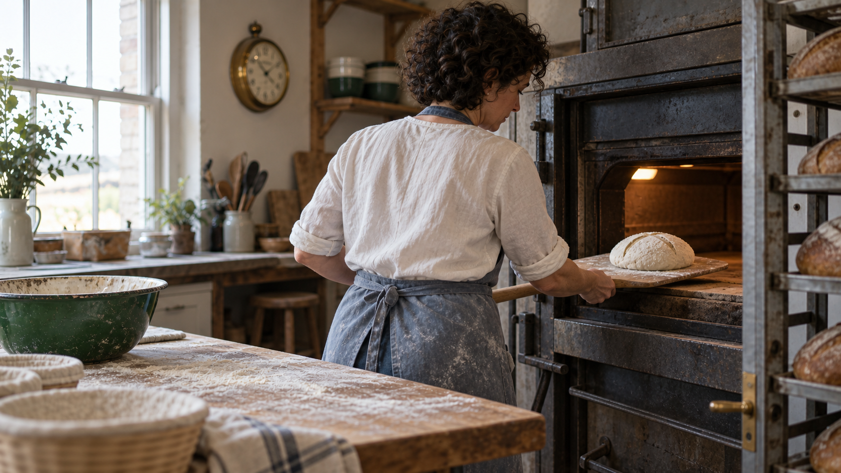 Wide illustrative later frame of the baker placing the raw scored loaf toward the oven