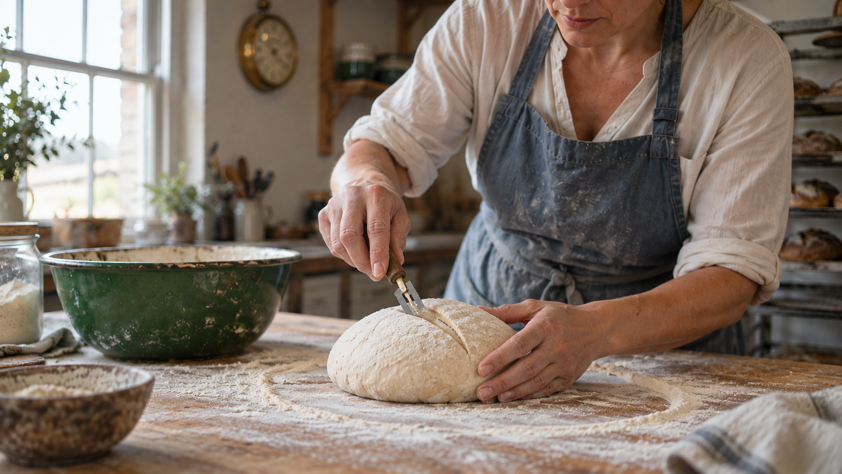 Close illustrative frame of the same baker scoring a shaped loaf on the oak worktable