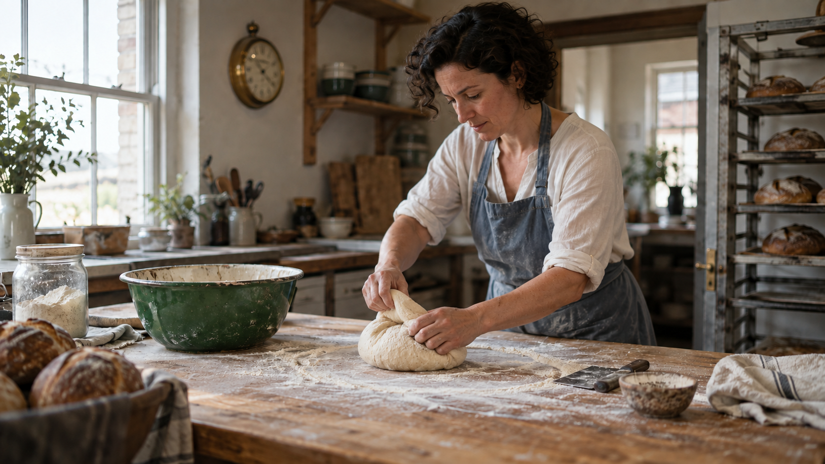 Illustrative base frame of a baker preparing dough beside a green bowl in a daylight bakery