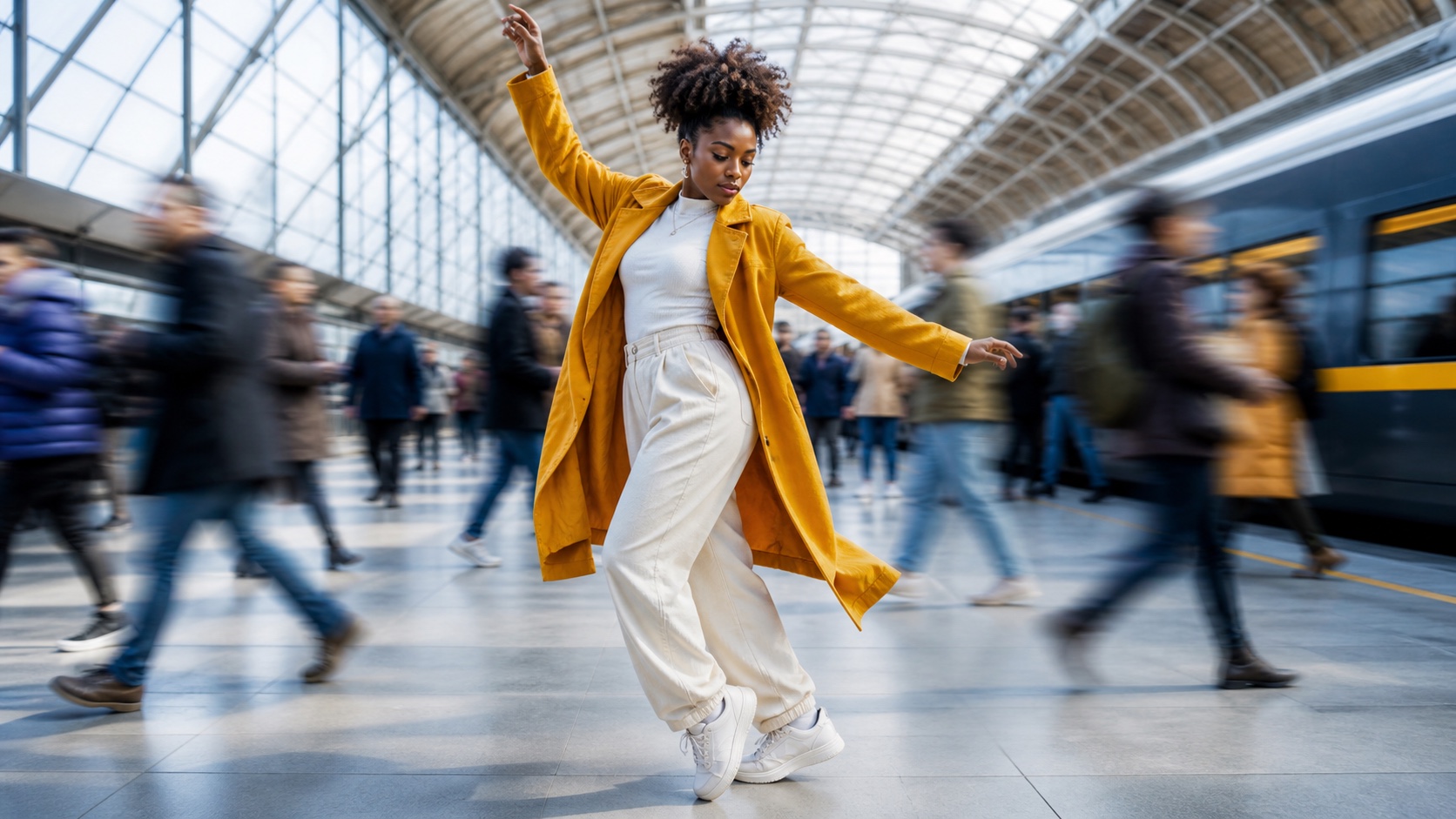 A clean finished fashion portrait with the performer sharply isolated against natural directional motion in a bright station