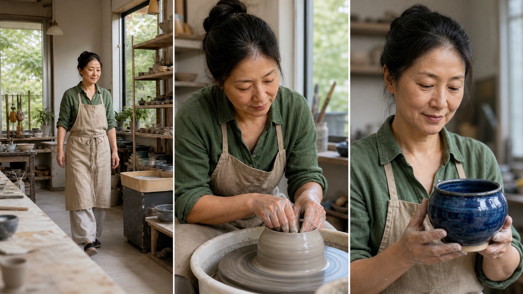 A finished three-shot sequence of a ceramic artist entering the studio, shaping clay, and revealing the completed vessel