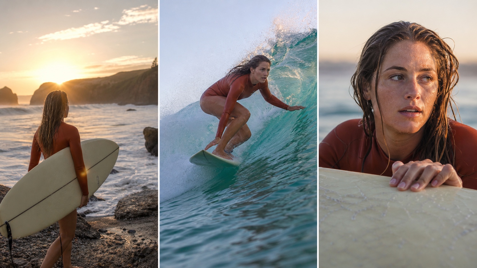 Three finished cinematic frames of the same surfer progressing from a wide coastal establishing shot to wave action and a close detail