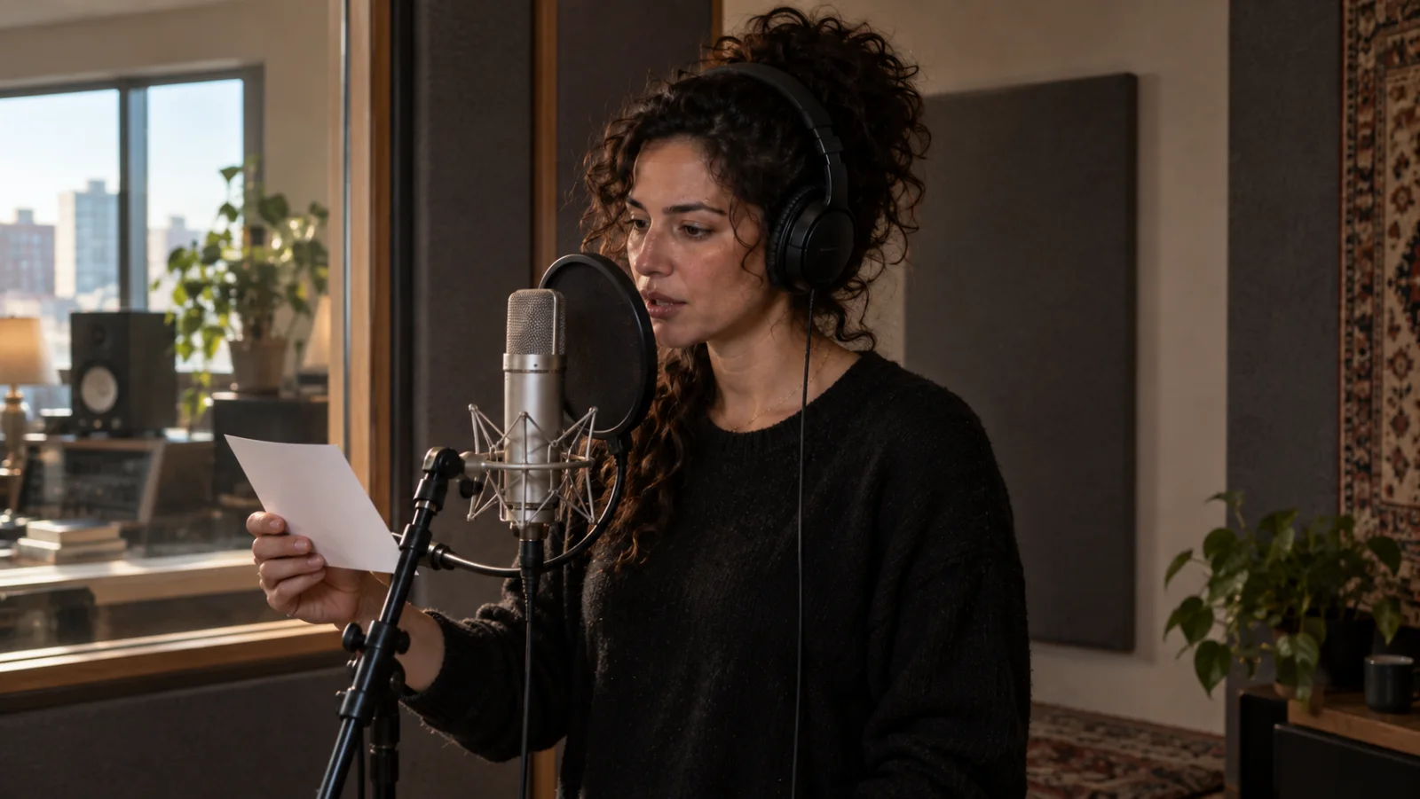 The same fictional editor records a clean comparison sentence in a quiet vocal booth