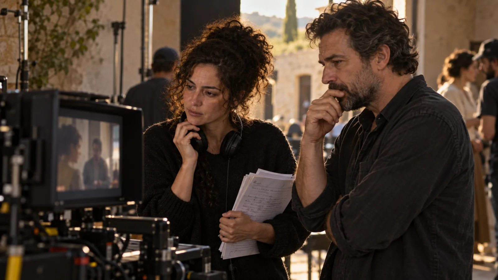 L’éditeur audio et le réalisateur examinent une scène de dialogue terminée sur un plateau de tournage réel