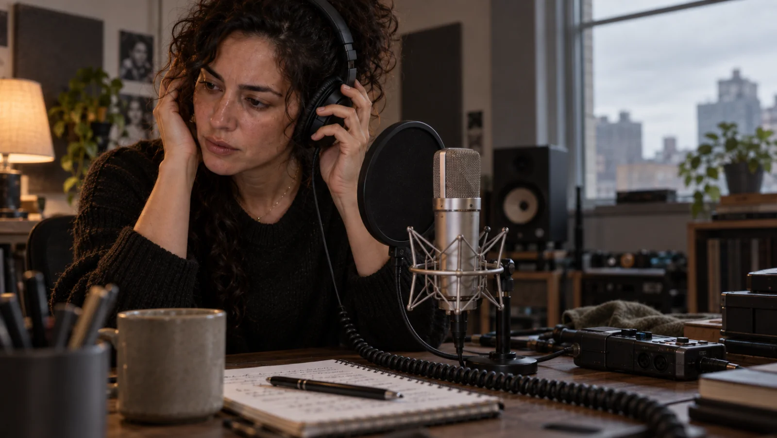 The editor checks room tone, microphone behavior, and headphone playback before judging a match