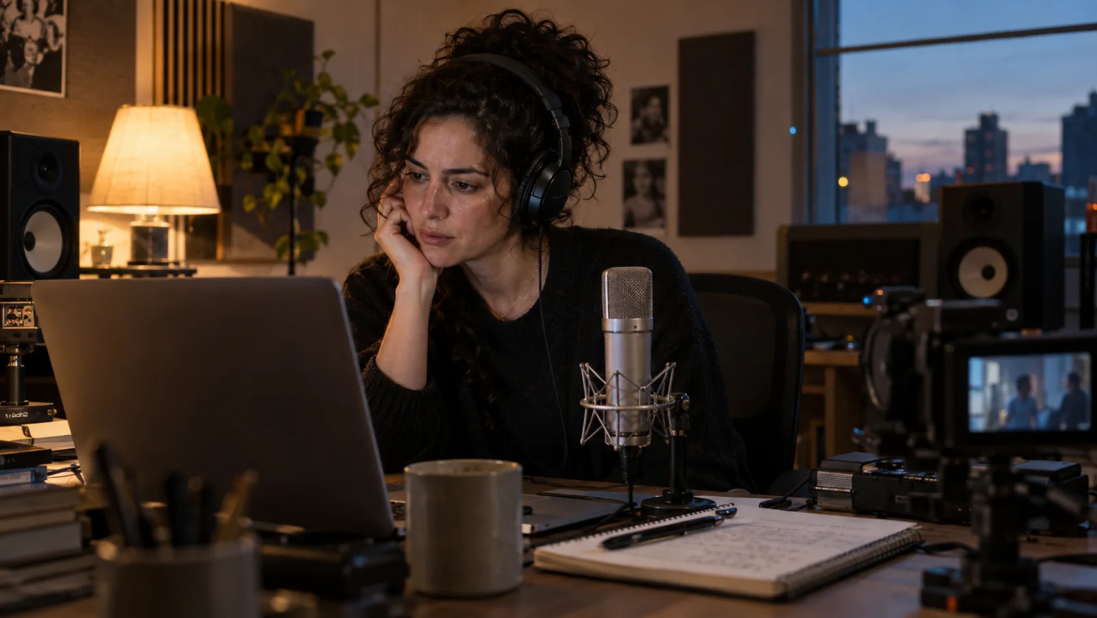 An audio editor listens closely to a dialogue sample in a real recording studio