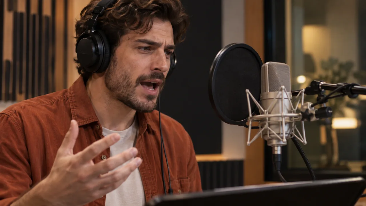L’acteur fictif interprétant une réplique expressive dans un microphone de studio
