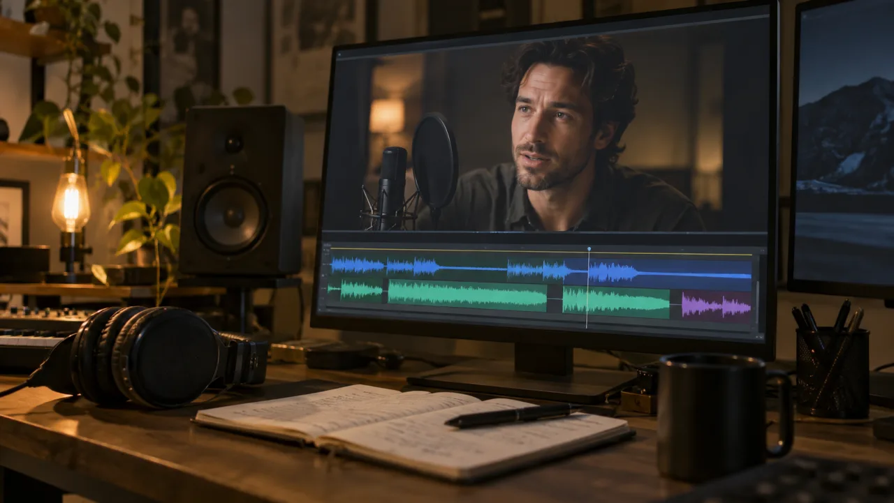Une timeline d’édition vidéo avec des formes d’onde de dialogue prêtes pour la synchronisation