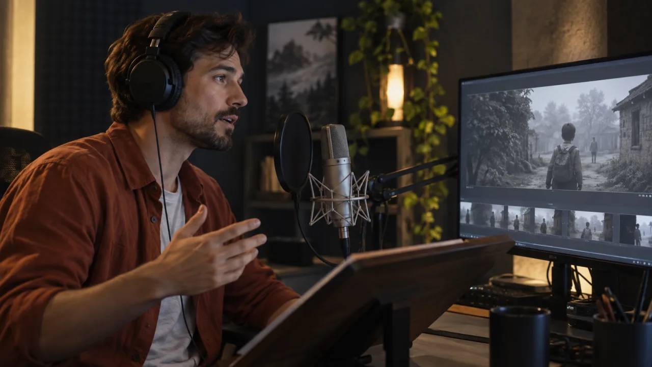 Un acteur vocal fictif en train d’enregistrer un dialogue tout en visionnant une scène vidéo