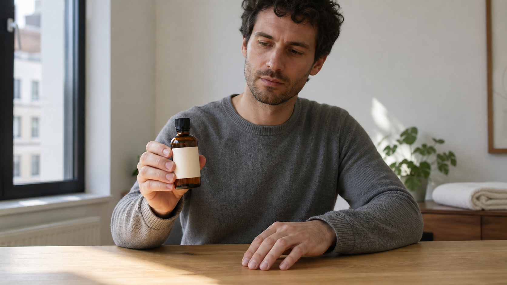 A direct generated benchmark frame of an adult designer holding one unbranded amber bottle in natural window light
