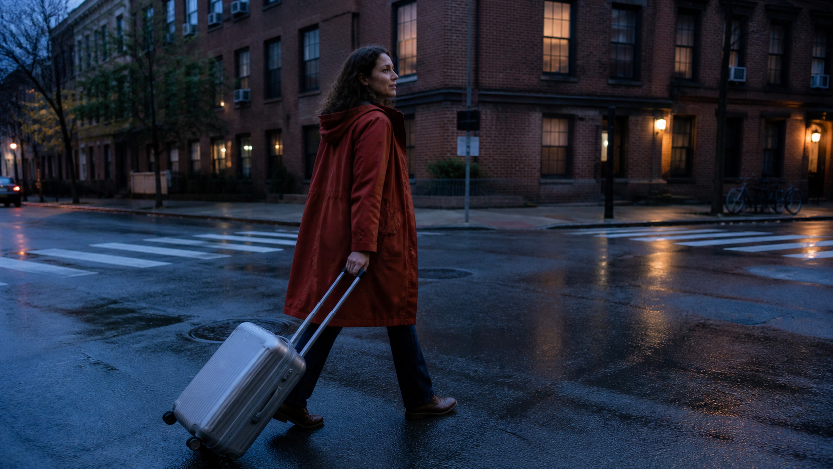 A direct generated benchmark frame of a woman in a rust-red raincoat pulling a silver suitcase across a wet city street