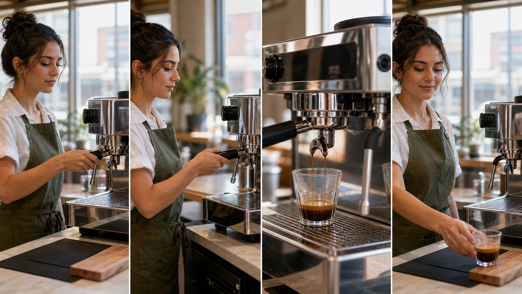 Four finished frames of the same barista completing one espresso shot with consistent identity, machine geometry, glass, and daylight