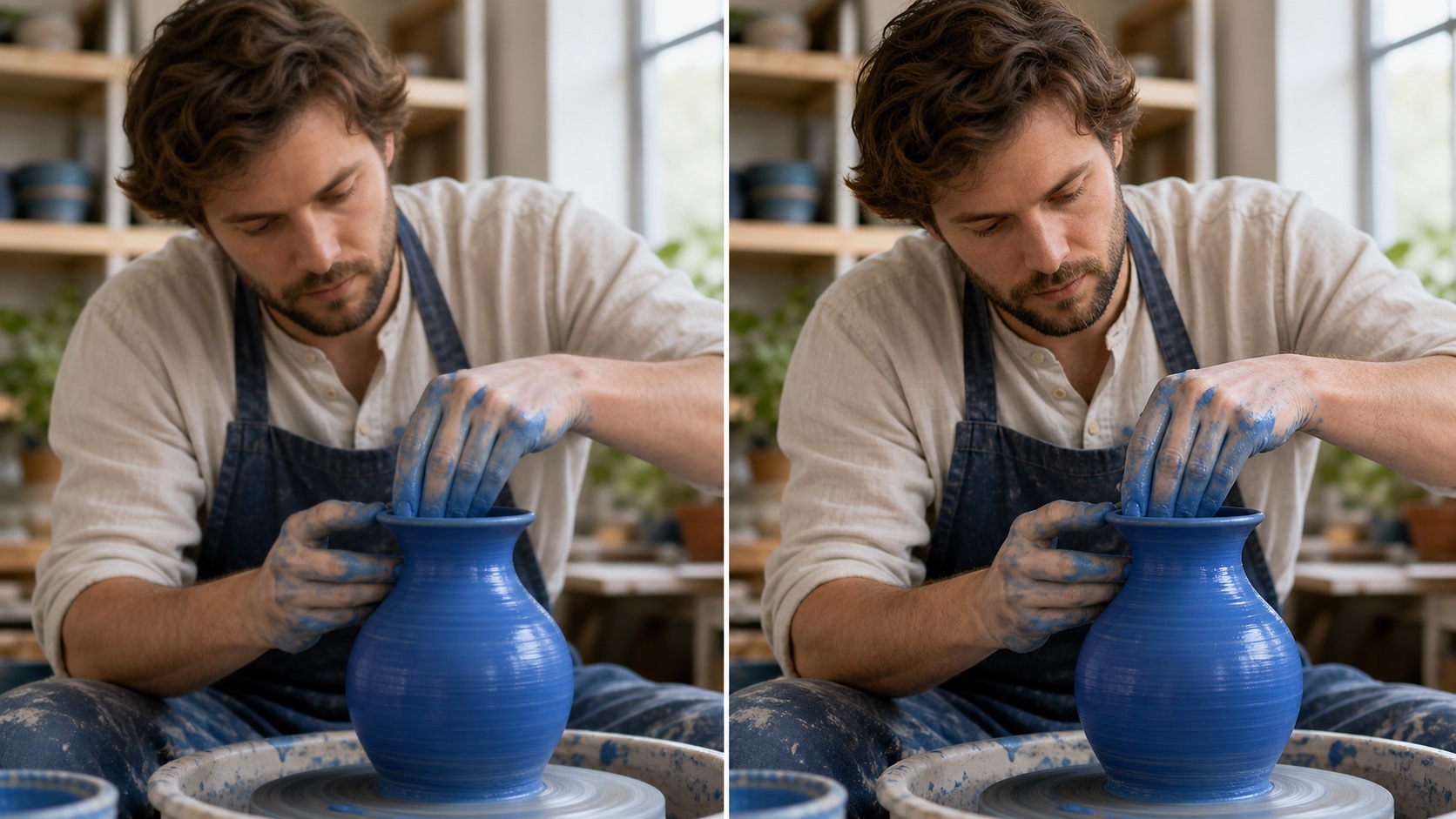 Controlled illustrative comparison of the same potter and cobalt vase: a softer speed-first frame on the left and a more detailed quality-first frame on the right