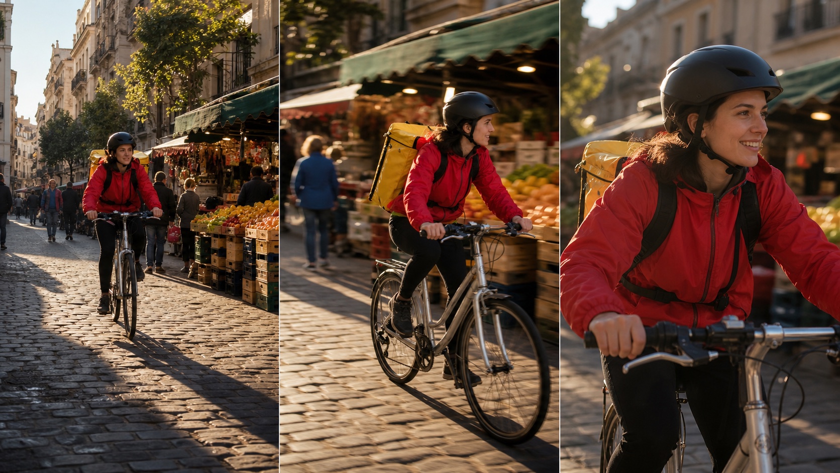 Three finished frames from one bicycle courier shot preserving the same rider, jacket, helmet, bicycle, delivery bag, street, and sunlight