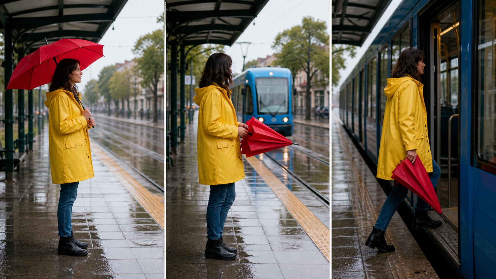 A controlled start, transition, and end sequence showing the same woman closing a red umbrella and entering a blue tram