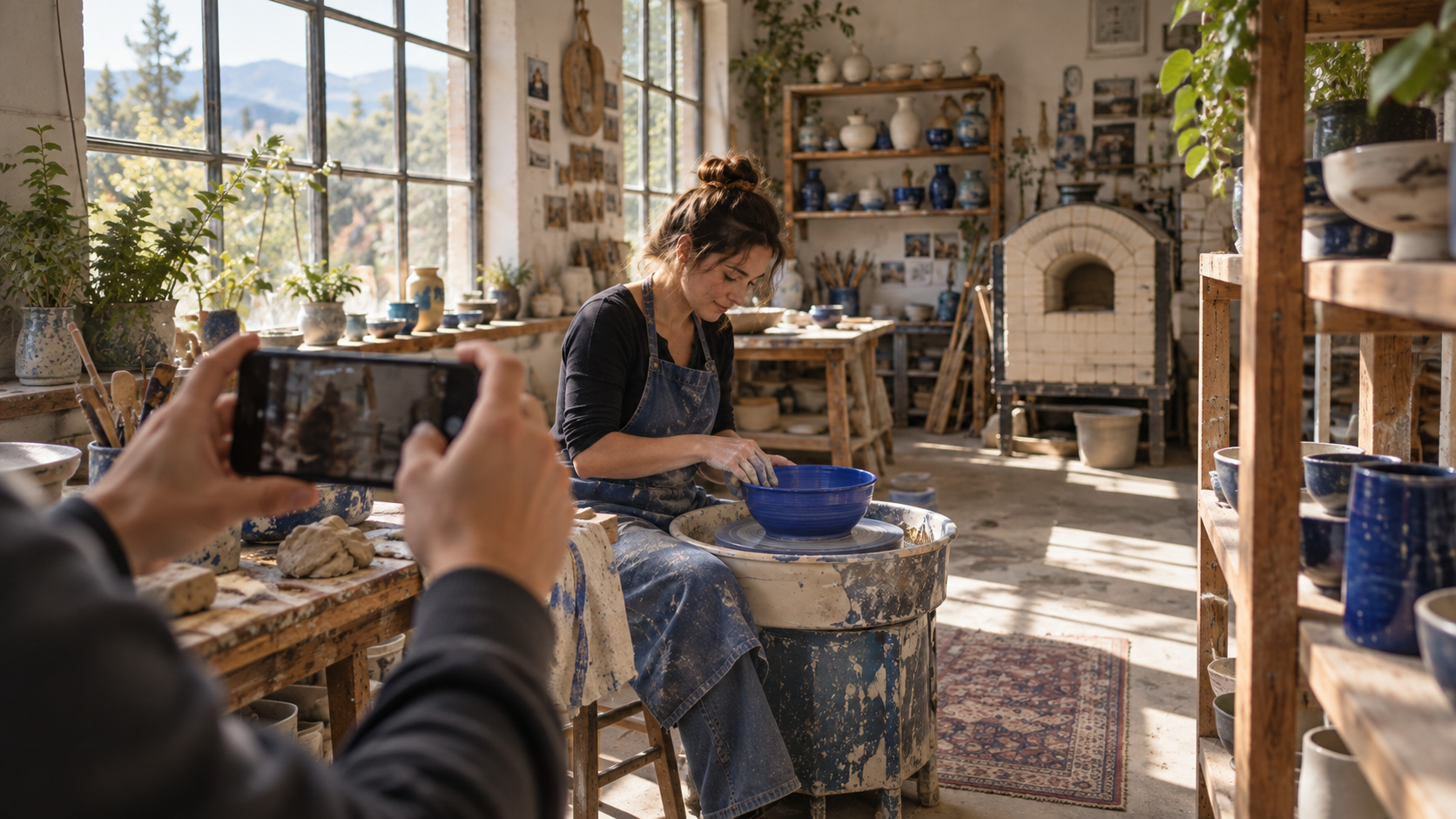 A phone operator records a gentle arc around a ceramicist at the pottery wheel