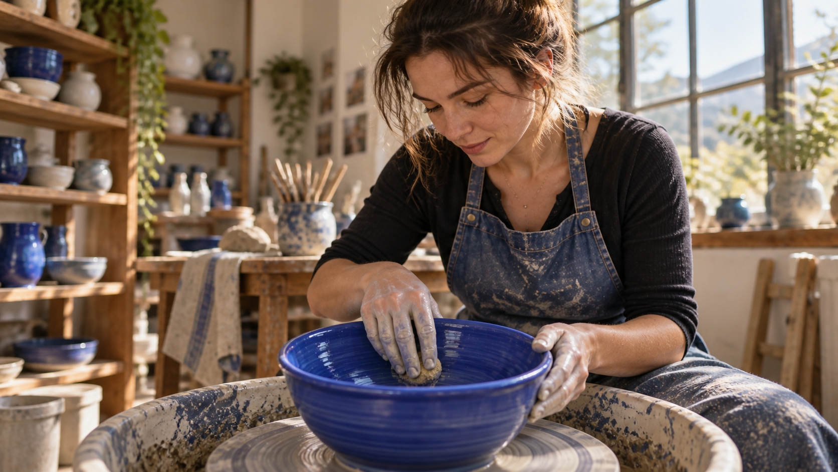 Close view of the same cobalt-blue bowl and clay-dusted hands