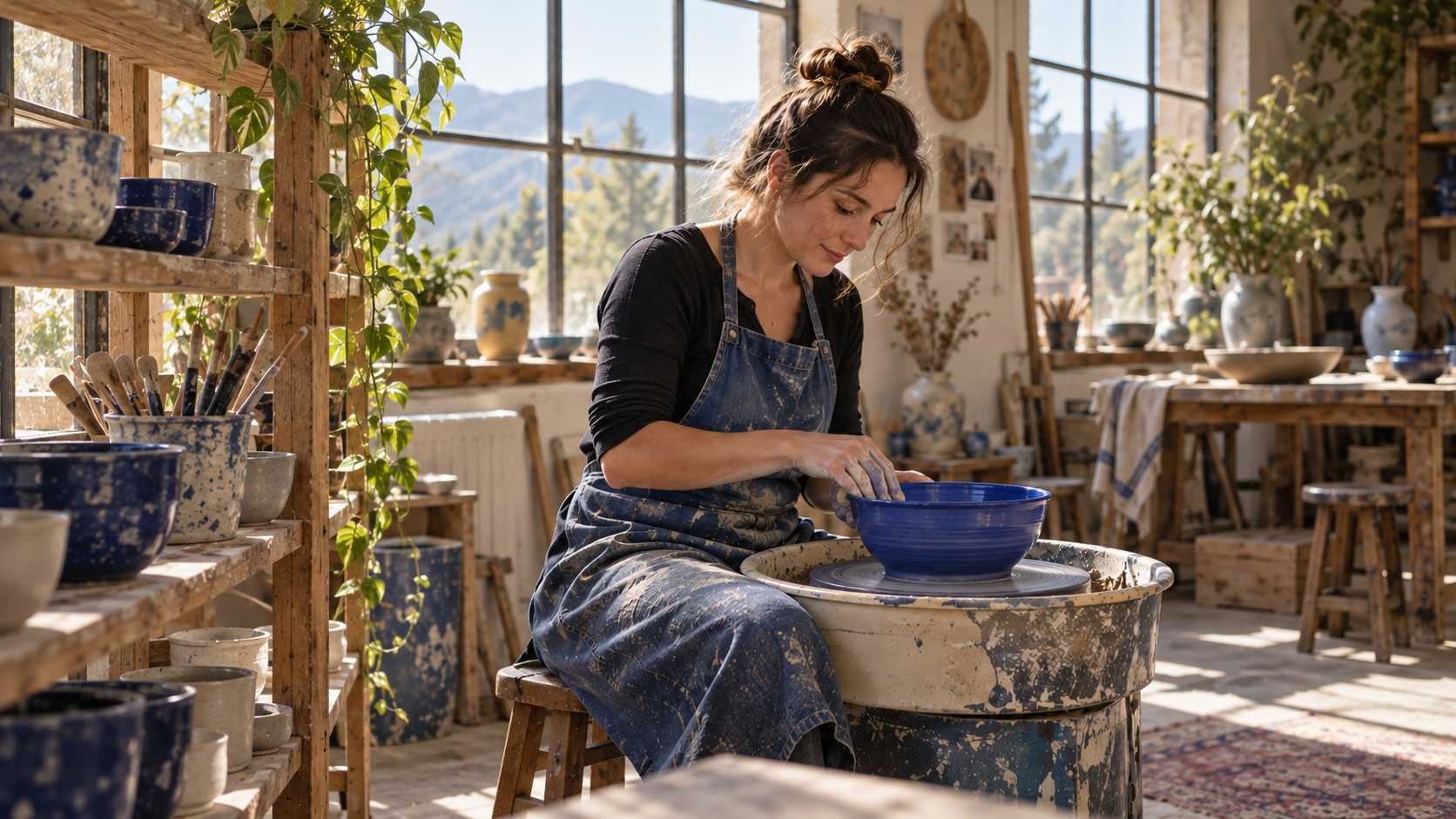 The same ceramicist and blue bowl from a shifted mid-arc viewpoint