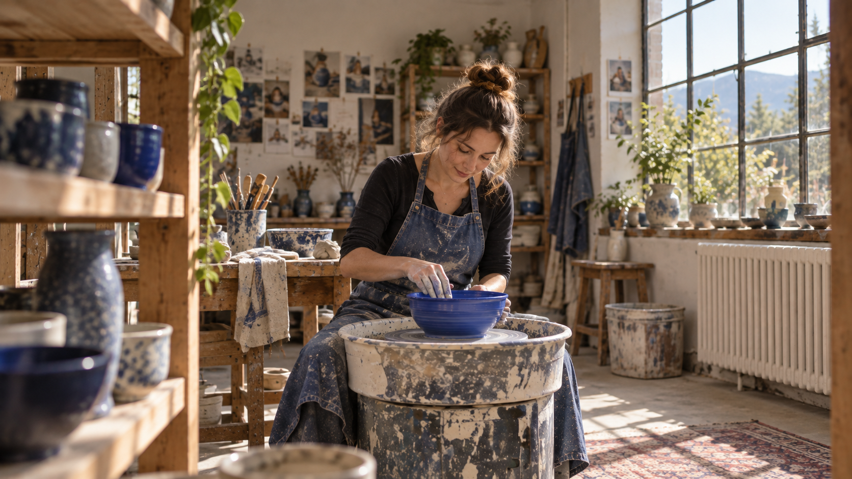 Ceramicist shaping a cobalt-blue bowl in a daylight pottery studio, photographed from a wide opening angle