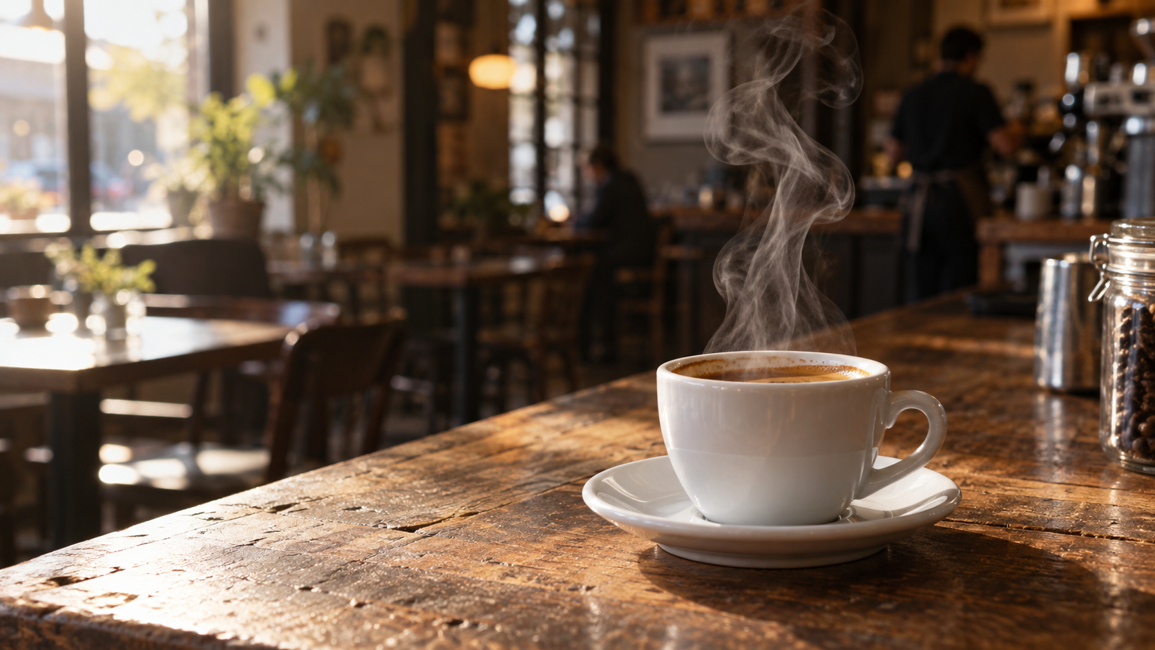 Fine steam over a ceramic espresso cup in a warm café composite