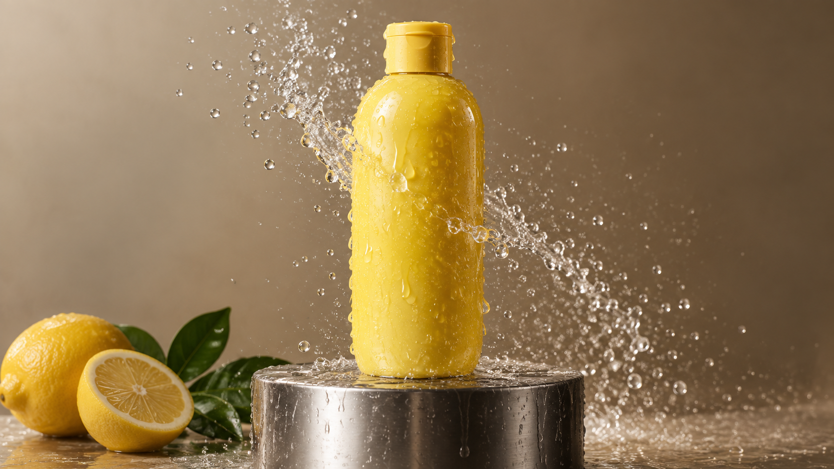 A plain yellow bottle with water splash against a warm studio background