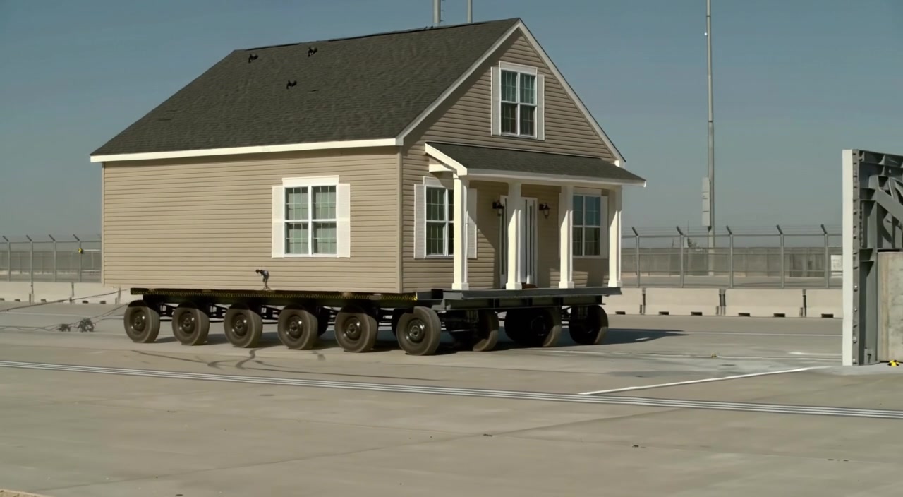 An actual FLUX 3 output shows a complete house moving on a multi-wheel platform in a bright motion benchmark
