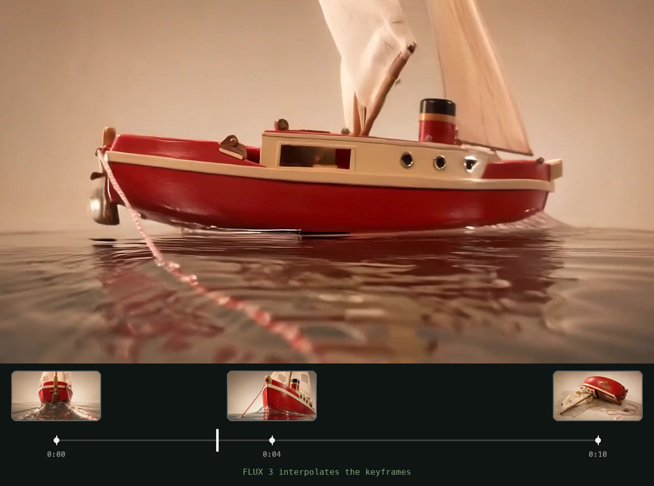 Official FLUX 3 keyframe interpolation demo with a red toy boat