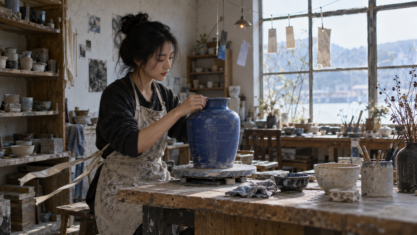 A ceramic artist checking a cobalt vase in a daylight studio