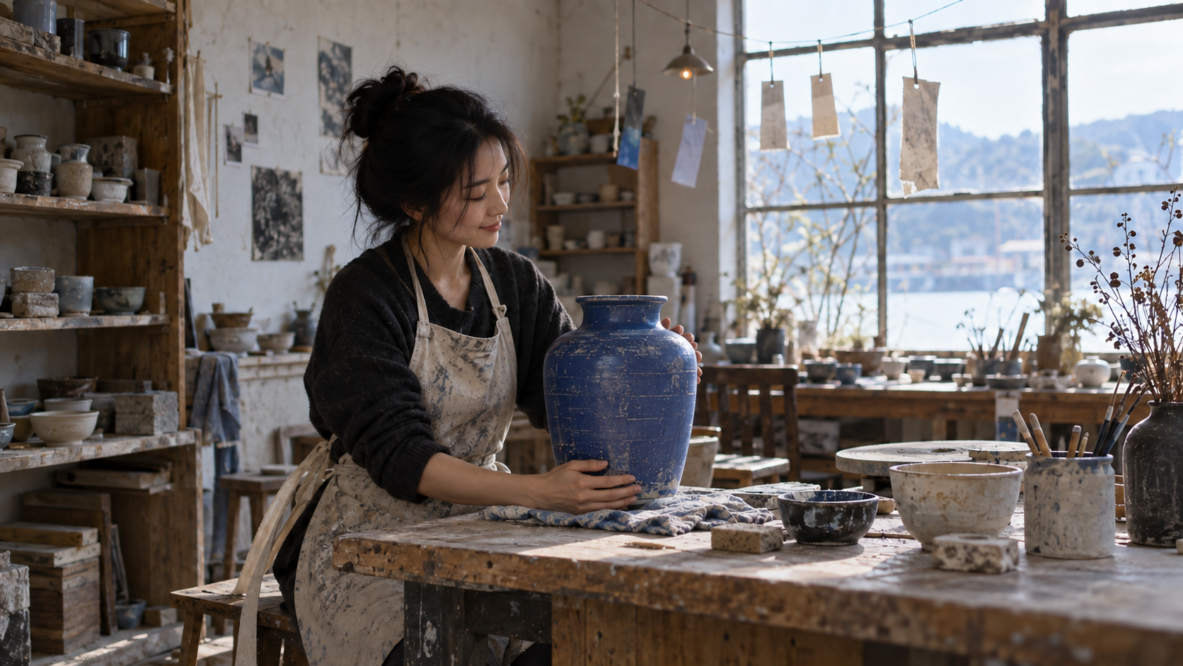 The ceramic artist presenting the finished cobalt vase in the same studio