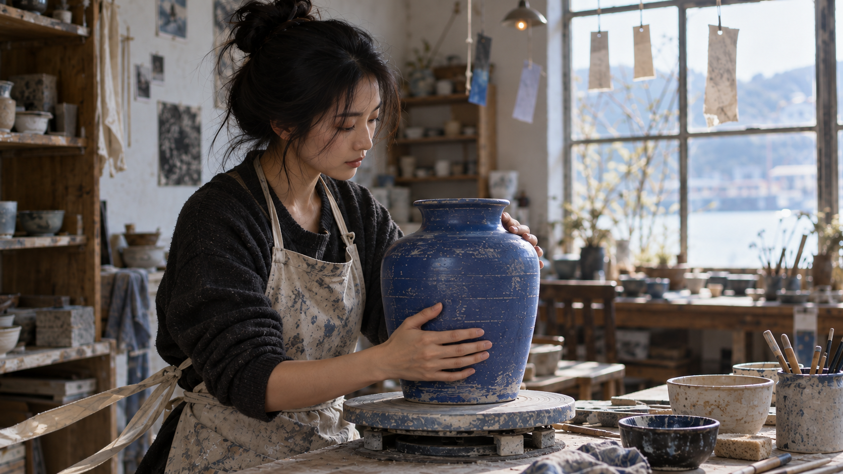 The same ceramic artist and cobalt vase framed for an image-to-video first frame