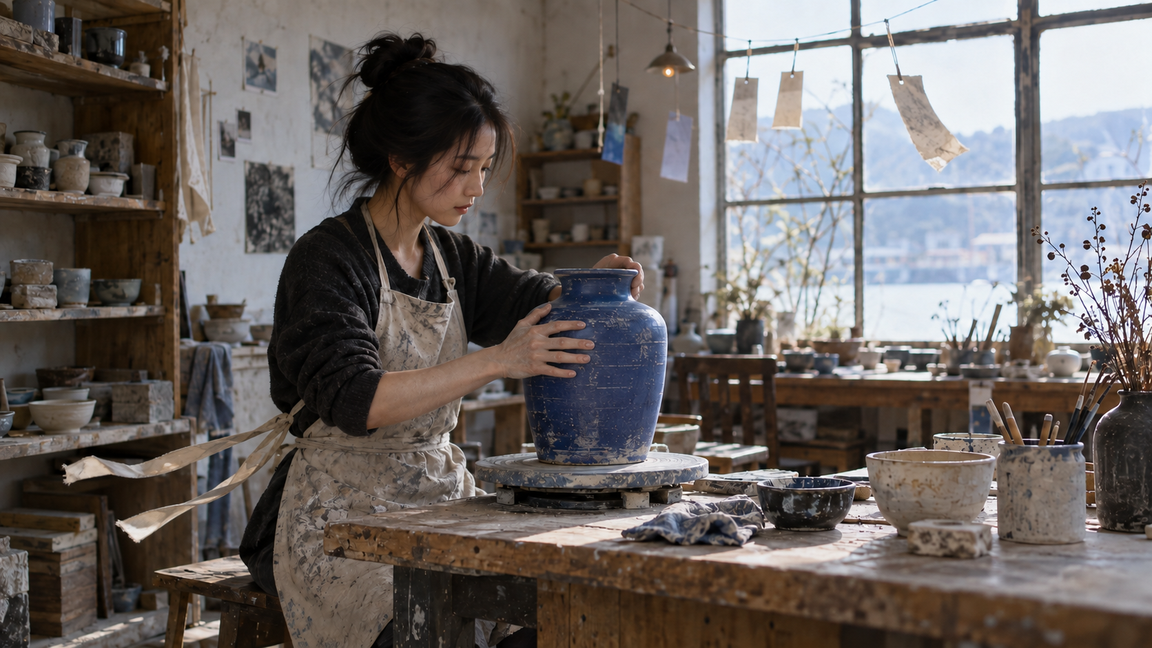 The artist turning the vase while apron ties show readable motion