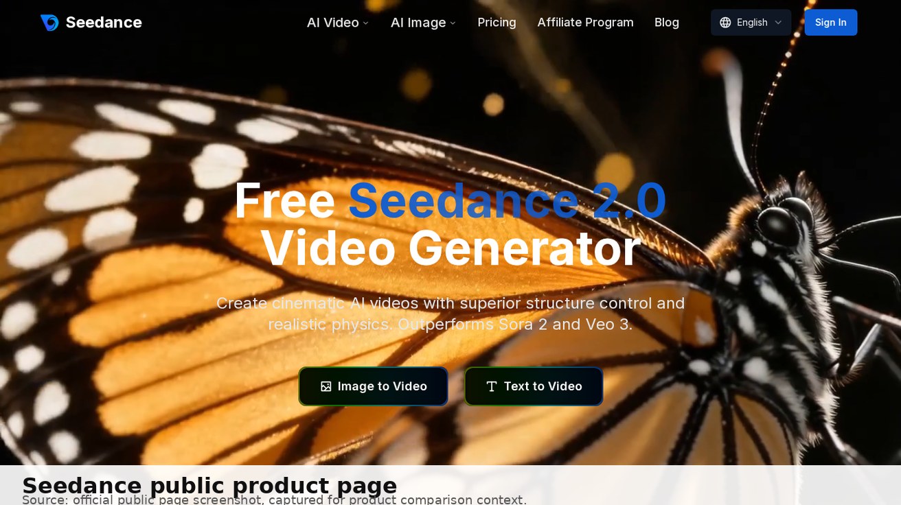 Captura de pantalla de la página pública del producto Seedance que muestra el posicionamiento del generador de video con IA gratuito y los puntos de entrada del flujo de trabajo del modelo. Fuente: página pública oficial de Seedance.
