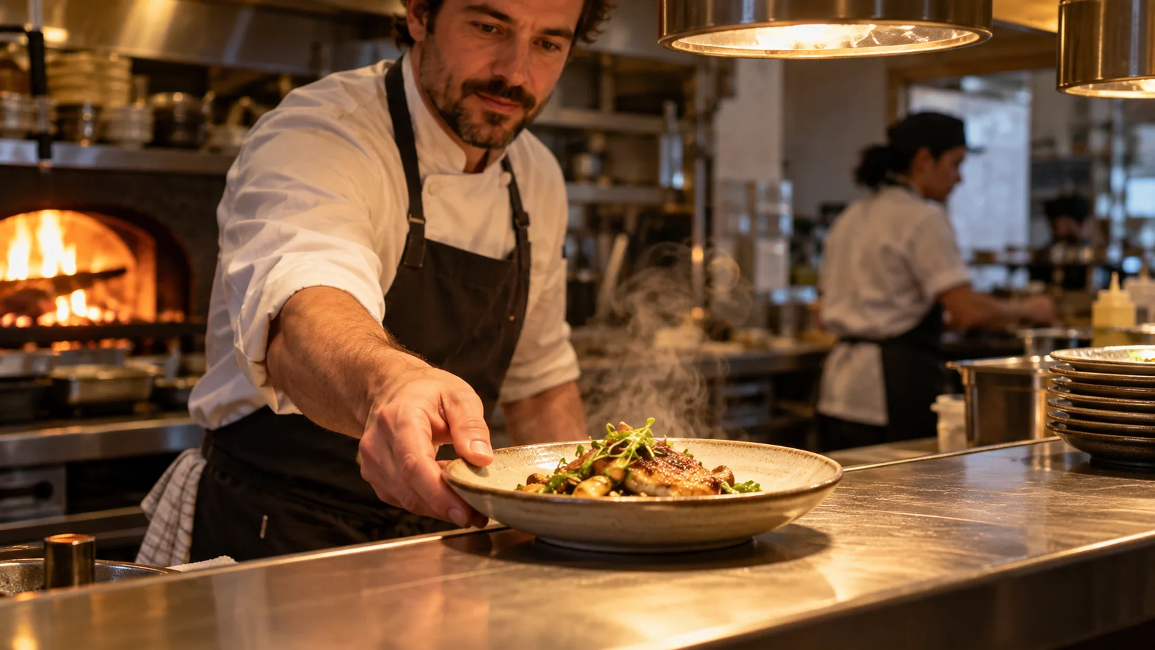 A chef places a finished plate on a warm restaurant pass