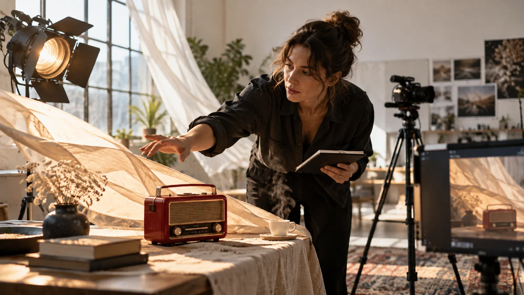 A filmmaker directs a tabletop radio scene in a daylight studio