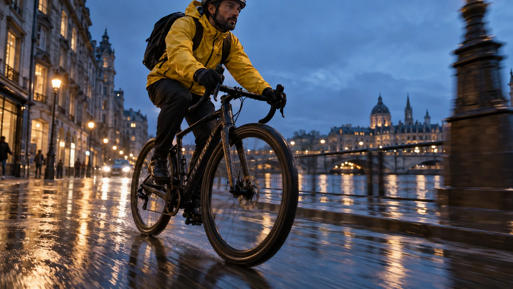 A cyclist in a yellow rain jacket rides through a wet city at blue hour