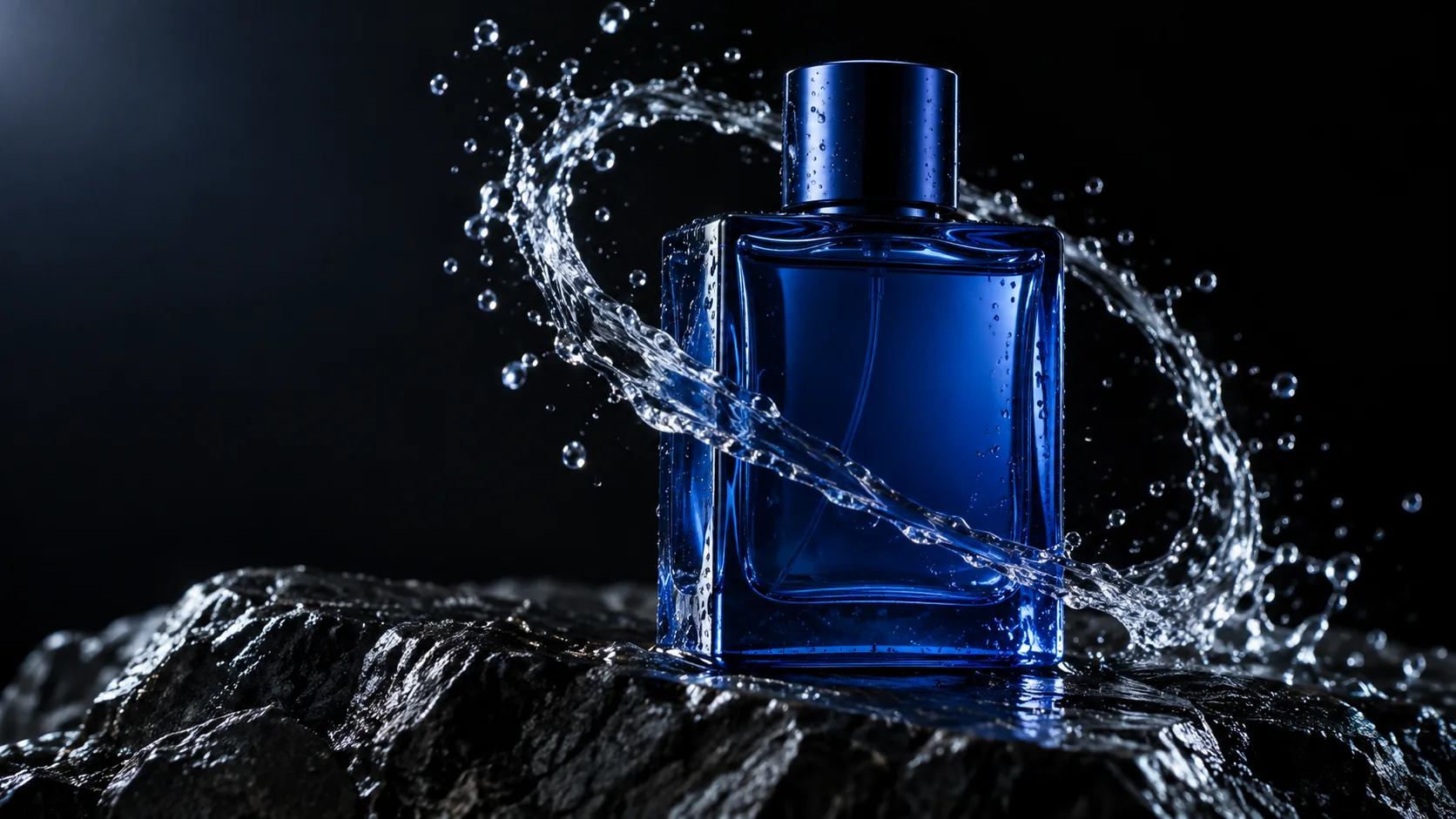 A cobalt blue perfume bottle with a controlled water arc on dark stone