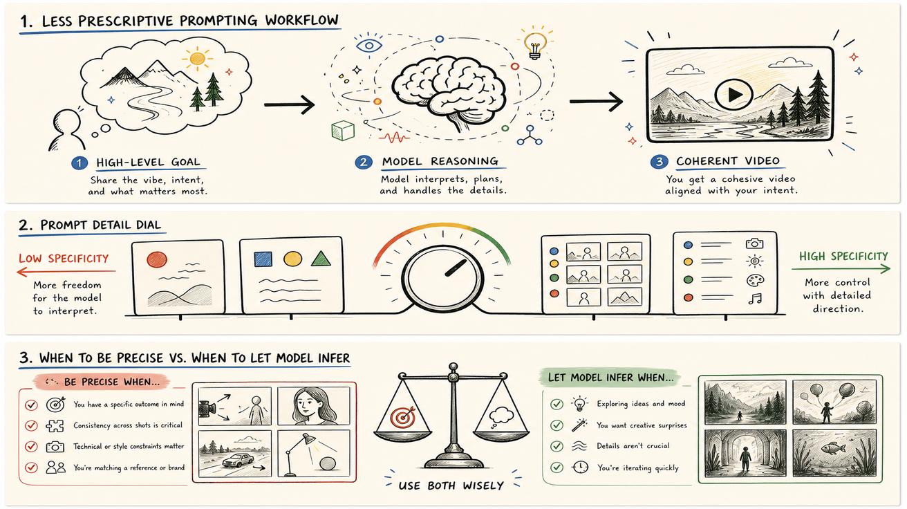Less prescriptive Gemini Omni prompting workflow infographic